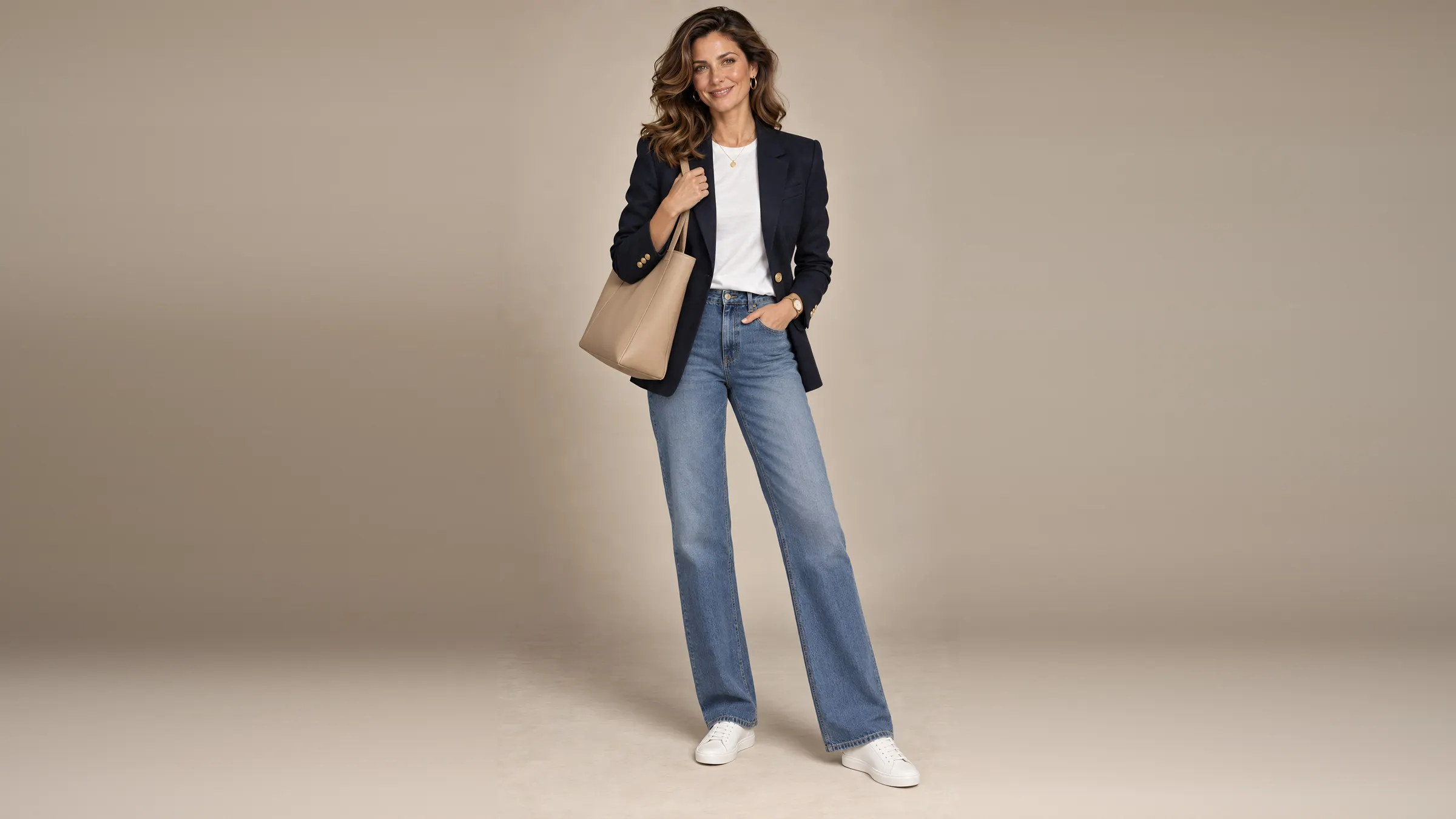 Wochenende: derselbe Blazer offen über weißem T-Shirt und Jeans, beige Ledertasche